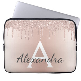Blush Pink Rose Gold Glitter Drips Monogram Laptop Sleeve