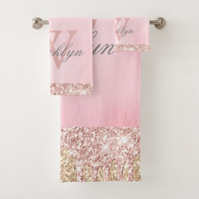 Blush Pink Rose Gold Glitter Drips Monogrammed Bath Towel Set (Insitu)