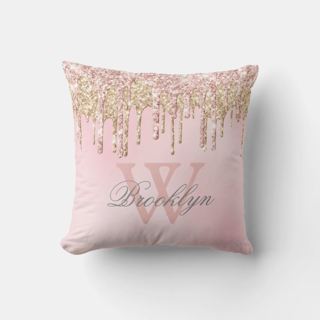 Blush Pink Rose Gold Glitter Drips Name Monogram Cushion (Front)