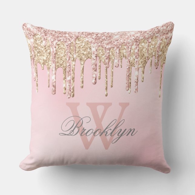 Blush Pink Rose Gold Glitter Drips Name Monogram T Cushion (Front)