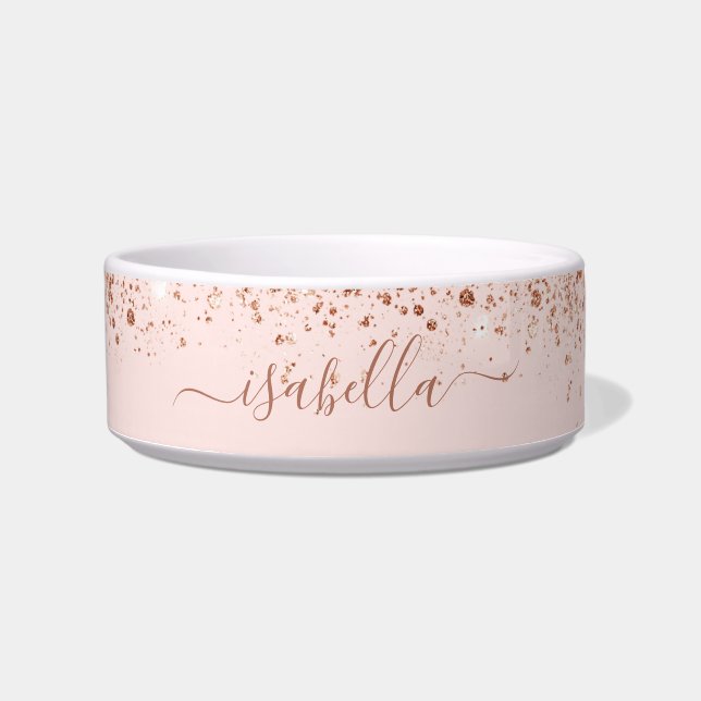 Blush pink rose gold glitter dust name script bowl (Front)
