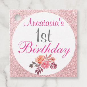 Blush Pink Rose Gold Glitter Floral 1st Birthday Favour Tags