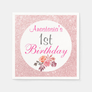 Blush Pink Rose Gold Glitter Floral 1st Birthday Napkin