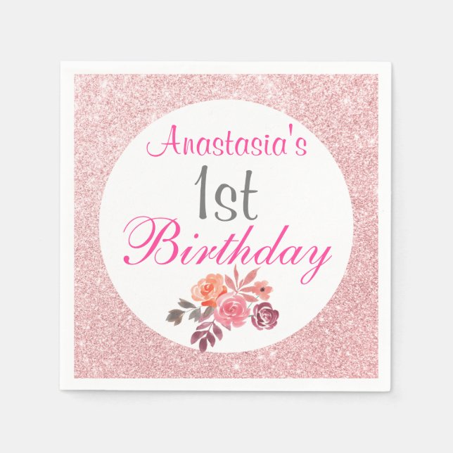 Blush Pink Rose Gold Glitter Floral 1st Birthday Napkin (Front)