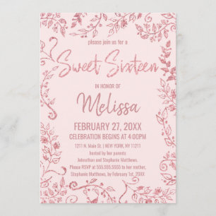 Blush Pink Rose Gold Glitter Floral Sweet 16 Invitation