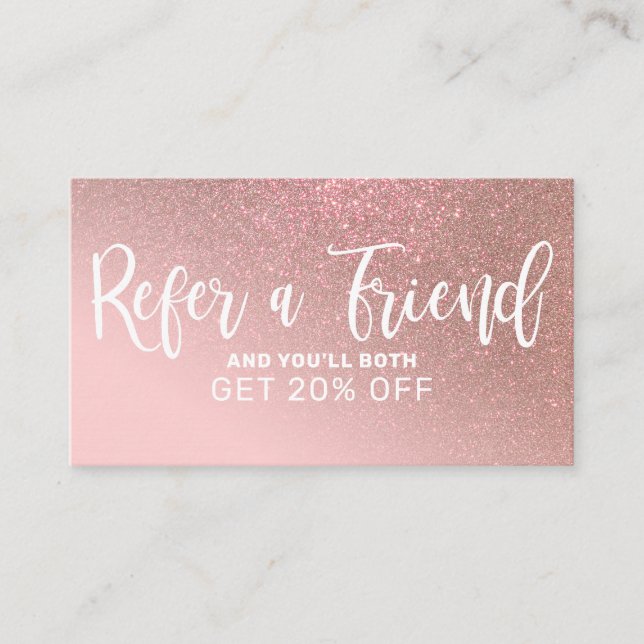 Blush Pink Rose Gold Glitter Gradient Typography Referral Card (Front)