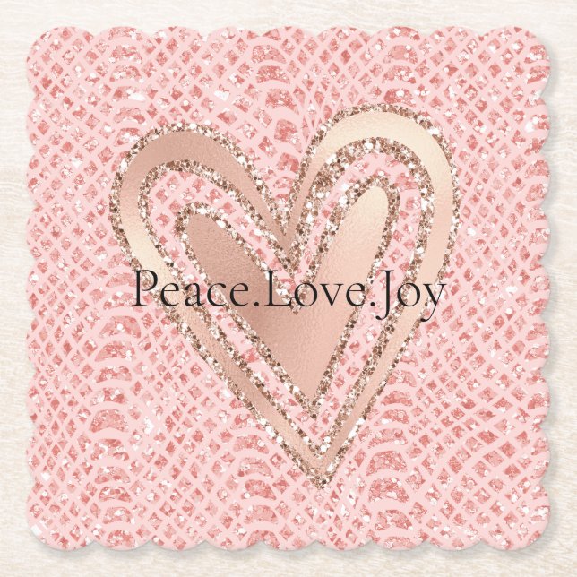 Blush Pink Rose Gold Glitter Heart Peace Love  Paper Coaster (Front)