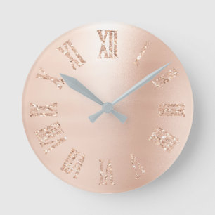 Blush Pink Rose Gold Glitter Metallic Roman Number Round Clock