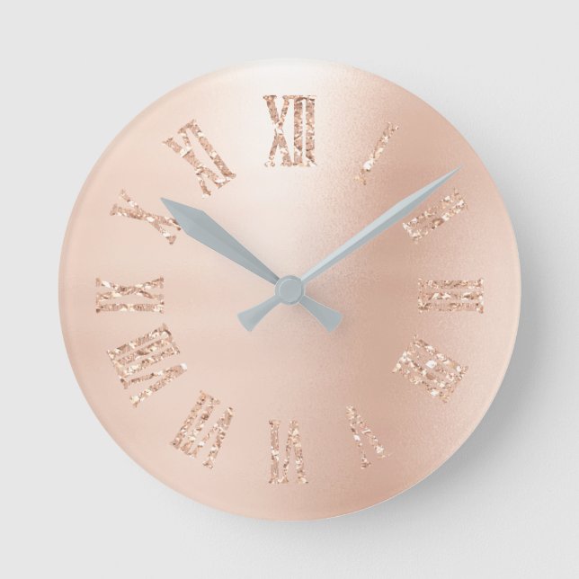 Blush Pink Rose Gold Glitter Metallic Roman Numers Round Clock (Front)