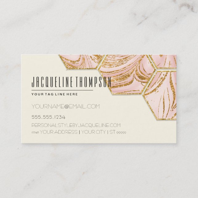 Blush Pink Rose Gold Glitter Modern Hexagon Marble Business Card (Back)