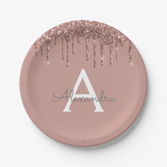 Blush Pink Rose Gold Glitter Monogram Birthday Paper Plate (Front)
