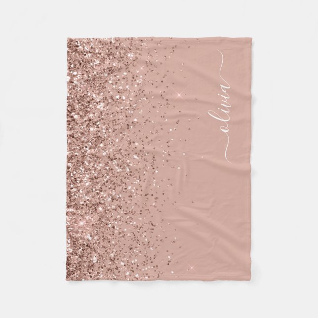 Blush Pink Rose Gold Glitter Monogram Name Fleece Blanket (Front)