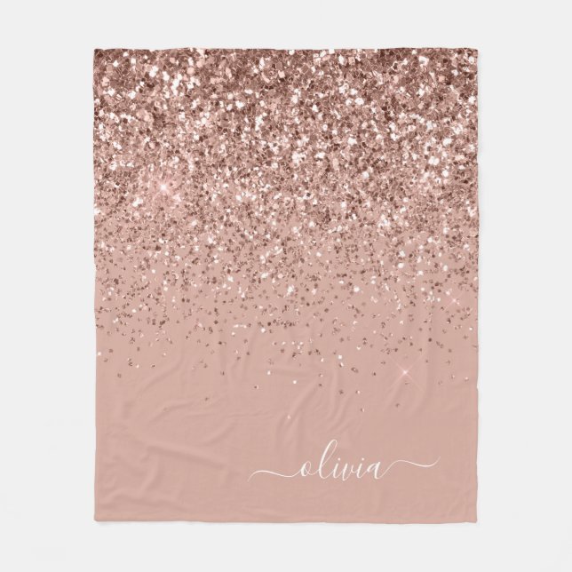 Blush Pink Rose Gold Glitter Monogram Name Fleece Blanket (Front)