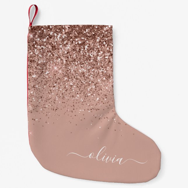 Blush Pink Rose Gold Glitter Monogram Name Small Christmas Stocking (Front)
