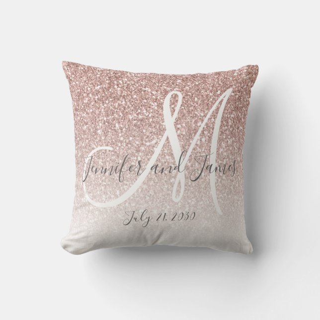Blush Pink Rose Gold Glitter Monogram Newlyweds Cushion (Front)