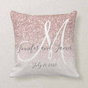Blush Pink Rose Gold Glitter Monogram Newlyweds Cushion
