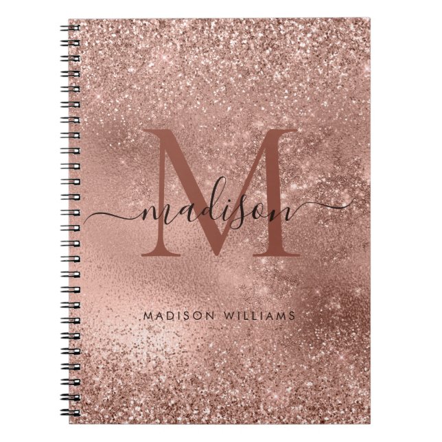 Blush Pink Rose Gold Glitter Monogram Script Name Notebook (Front)