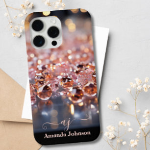 Blush Pink Rose Gold Glitter Monogrammed Gemstones iPhone 15 Pro Max Case