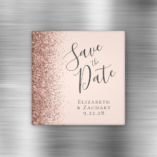 Blush Pink Rose Gold Glitter Script Save the Date Magnet