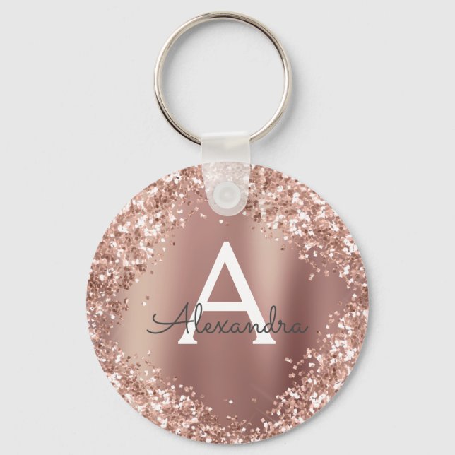 Blush Pink Rose Gold Glitter Sparkle Monogram Key Ring (Front)