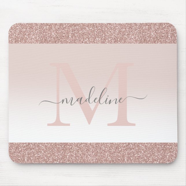 Blush Pink Rose Gold Glitter Sparkle Monogram Mouse Mat (Front)