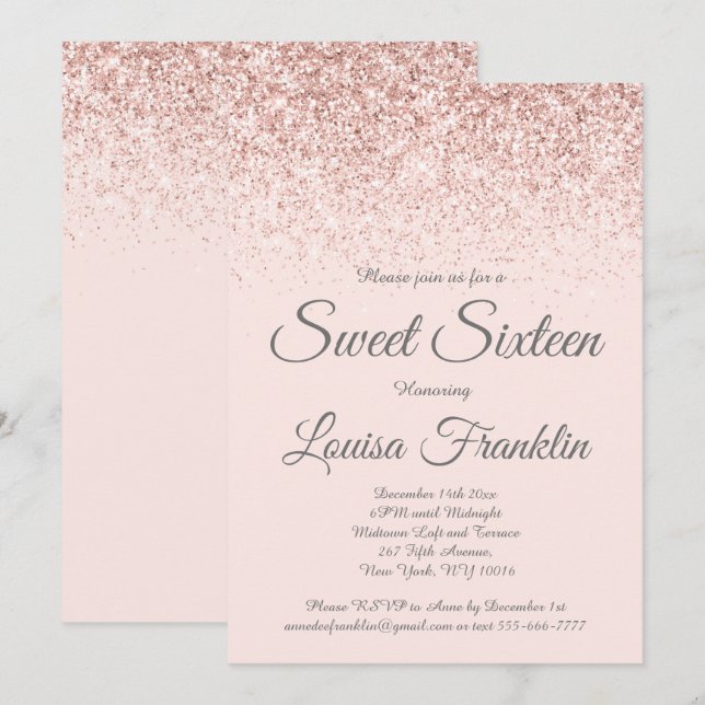 Blush Pink & Rose Gold Glitter Sweet 16 Invitation (Front/Back)