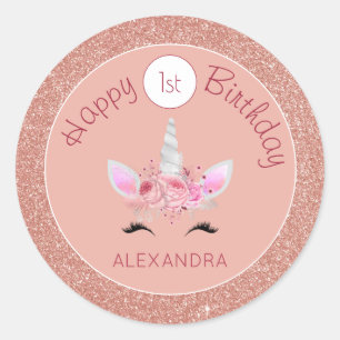 Blush Pink Rose Gold Glitter Unicorn 1st Birthday Classic Round Sticker