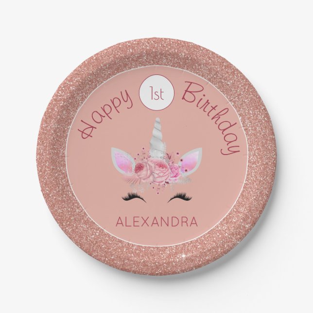 Blush Pink  Rose Gold Glitter Unicorn 1st Birthday Paper Plate (Front)