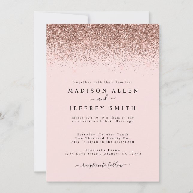 Blush Pink & Rose Gold Glitter Wedding Invitation (Front)