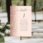 Blush Pink Rose Gold Glitter Wedding Table Number<br><div class="desc">The left-hand edge of this elegant modern wedding table number card features a rose gold faux glitter border. The word "table" appears in charcoal grey whimsical handwriting script on a blush pink background. Add the names of your guests who are assigned to each table.</div>
