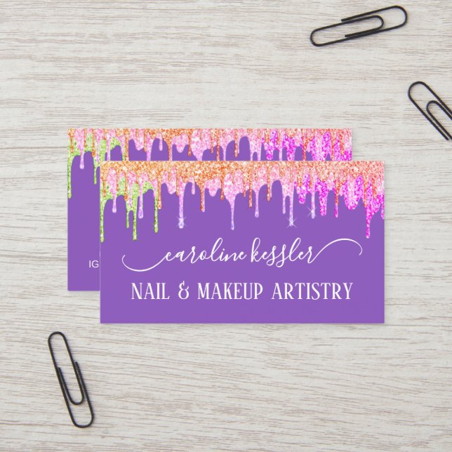 Blush Pink Rose Gold Lime Green Glitter Sparkle Business Card (Front/Back In Situ)