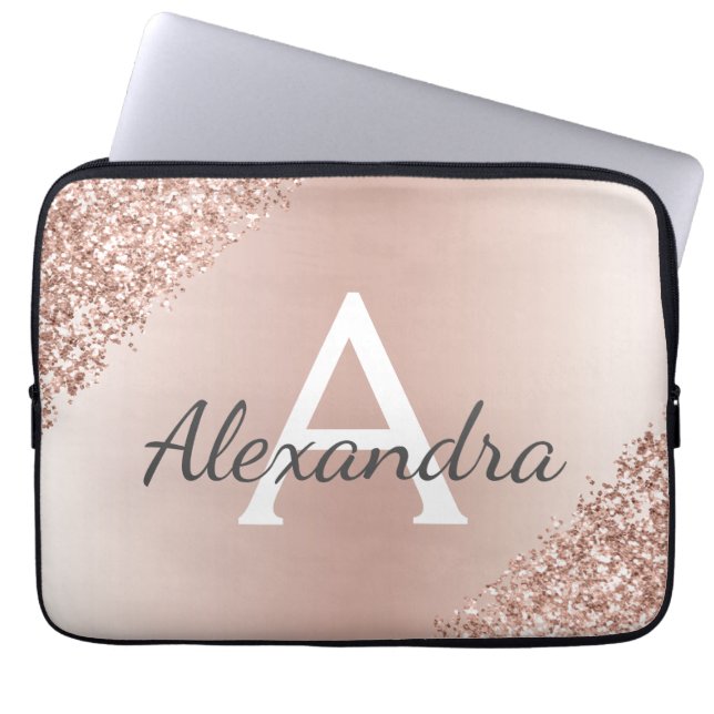 Blush Pink Rose Gold Metallic Glitter Monogram Laptop Sleeve (Front)