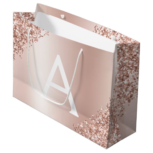 Blush Pink Rose Gold Metallic Glitter Monogrammed Large Gift Bag (Front Angled)