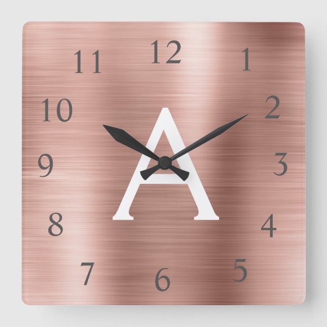 Blush Pink - Rose Gold Metallic Monogram Name Square Wall Clock (Front)