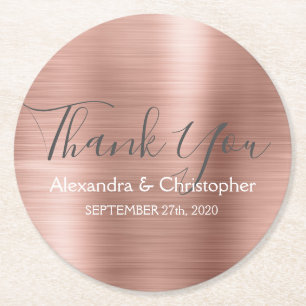 Blush Pink - Rose Gold Modern Wedding Thank You Round Paper Coaster