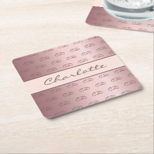 Blush pink rose gold monogram initials name chic square paper coaster