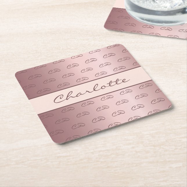 Blush pink rose gold monogram initials name chic square paper coaster (Angled)