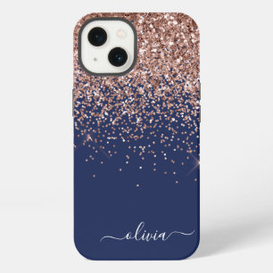 Blush Pink Rose Gold Navy Blue Glitter Monogram Ca iPhone 13 Case
