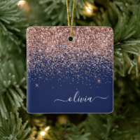 Blush Pink Rose Gold Navy Blue Glitter Monogram