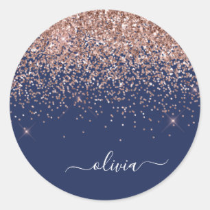 Blush Pink Rose Gold Navy Blue Glitter Monogram Classic Round Sticker