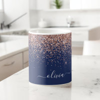 Blush Pink Rose Gold Navy Blue Glitter Monogram
