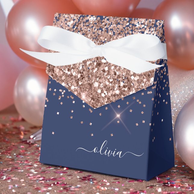 Blush Pink Rose Gold Navy Blue Glitter Monogram Favour Box (Creator Uploaded)