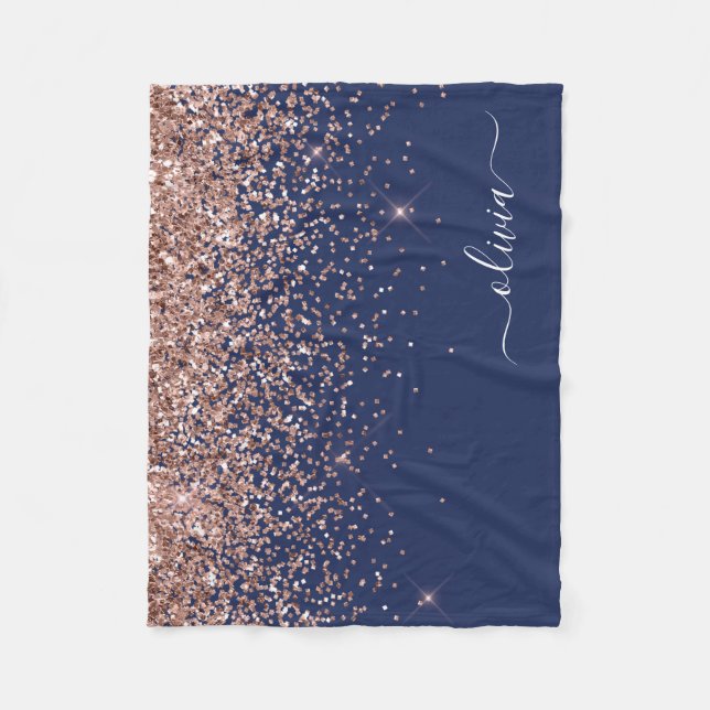 Blush Pink Rose Gold Navy Blue Glitter Monogram Fleece Blanket (Front)