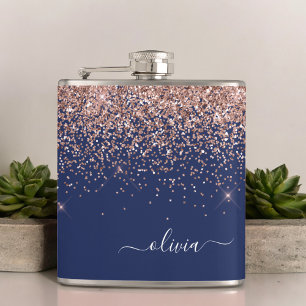 Blush Pink Rose Gold Navy Blue Glitter Monogram Hip Flask