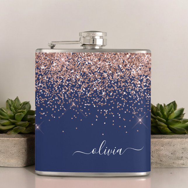 Blush Pink Rose Gold Navy Blue Glitter Monogram Hip Flask (Creator Uploaded)