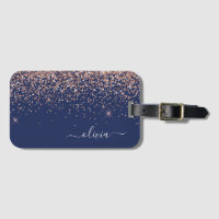 Blush Pink Rose Gold Navy Blue Glitter Monogram