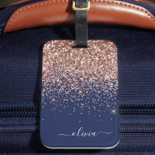 Blush Pink Rose Gold Navy Blue Glitter Monogram Luggage Tag