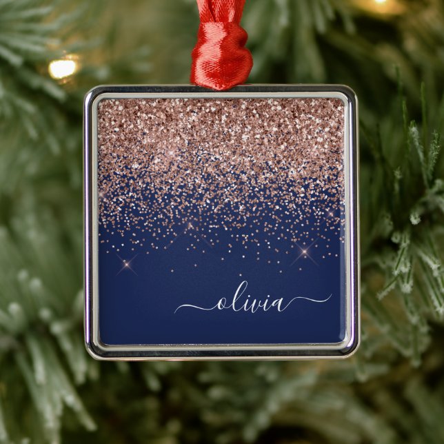 Blush Pink Rose Gold Navy Blue Glitter Monogram Metal Tree Decoration (Tree)