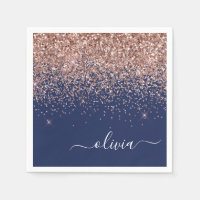 Blush Pink Rose Gold Navy Blue Glitter Monogram
