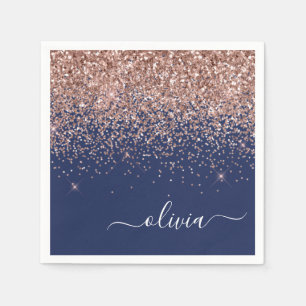 Blush Pink Rose Gold Navy Blue Glitter Monogram Napkin